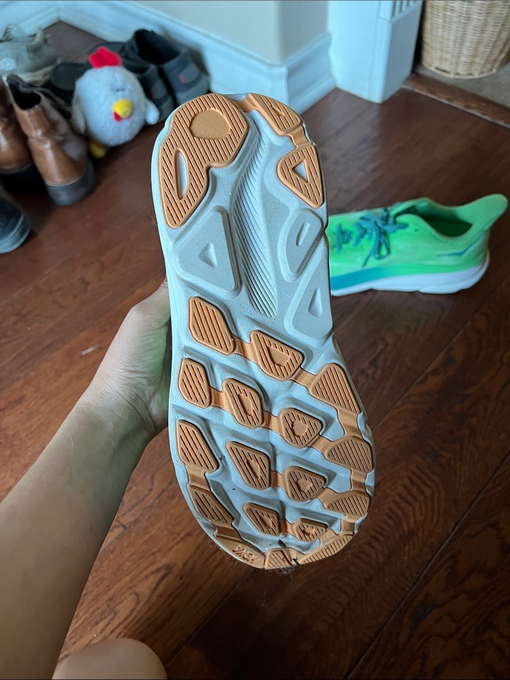 Hoka Mens Neon Green and Teal Running Sneakers - Picture 2 of 3